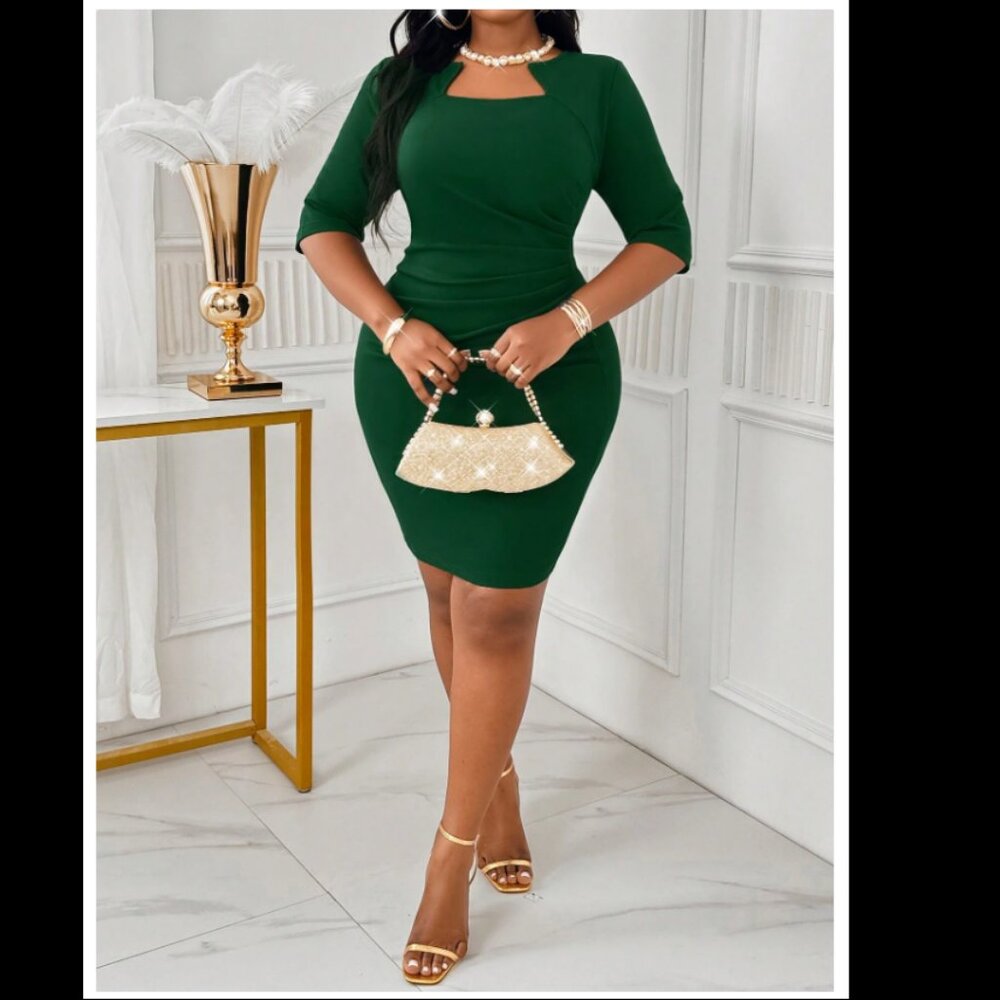 14/16 Lady Autumn And Winter Elegant Green Knitted Ruched Midi Long Slee